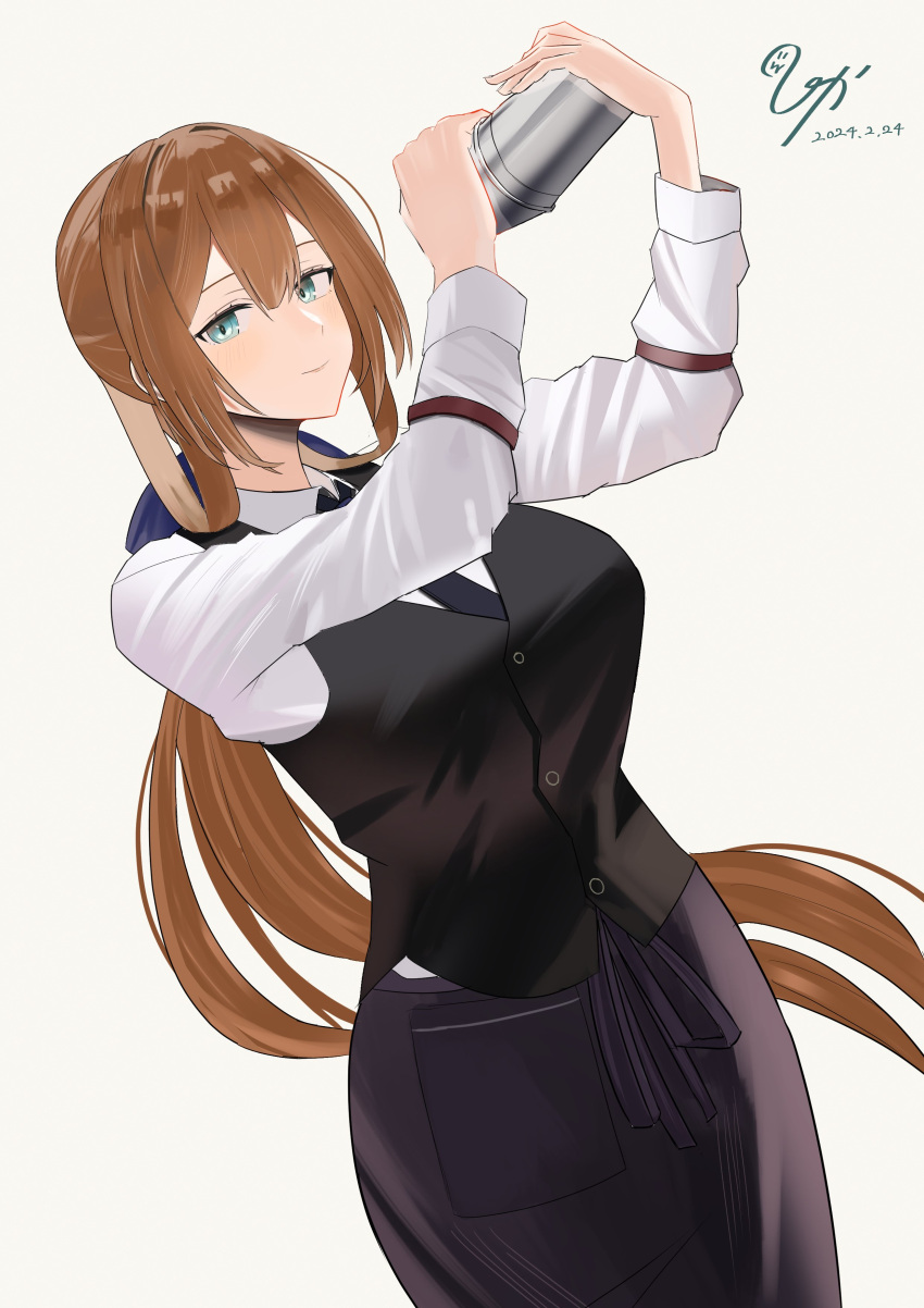 1girl absurdres aqua_eyes bartender black_necktie black_skirt black_vest blue_ribbon brown_hair closed_mouth cocktail_shaker collared_shirt cowboy_shot dated girls'_frontline hair_between_eyes hair_ribbon highres holding_shaker koucha_kouden long_hair looking_at_viewer low_ponytail necktie official_alternate_costume ponytail ribbon shirt skirt smile solo springfield_(girls'_frontline) vest white_shirt