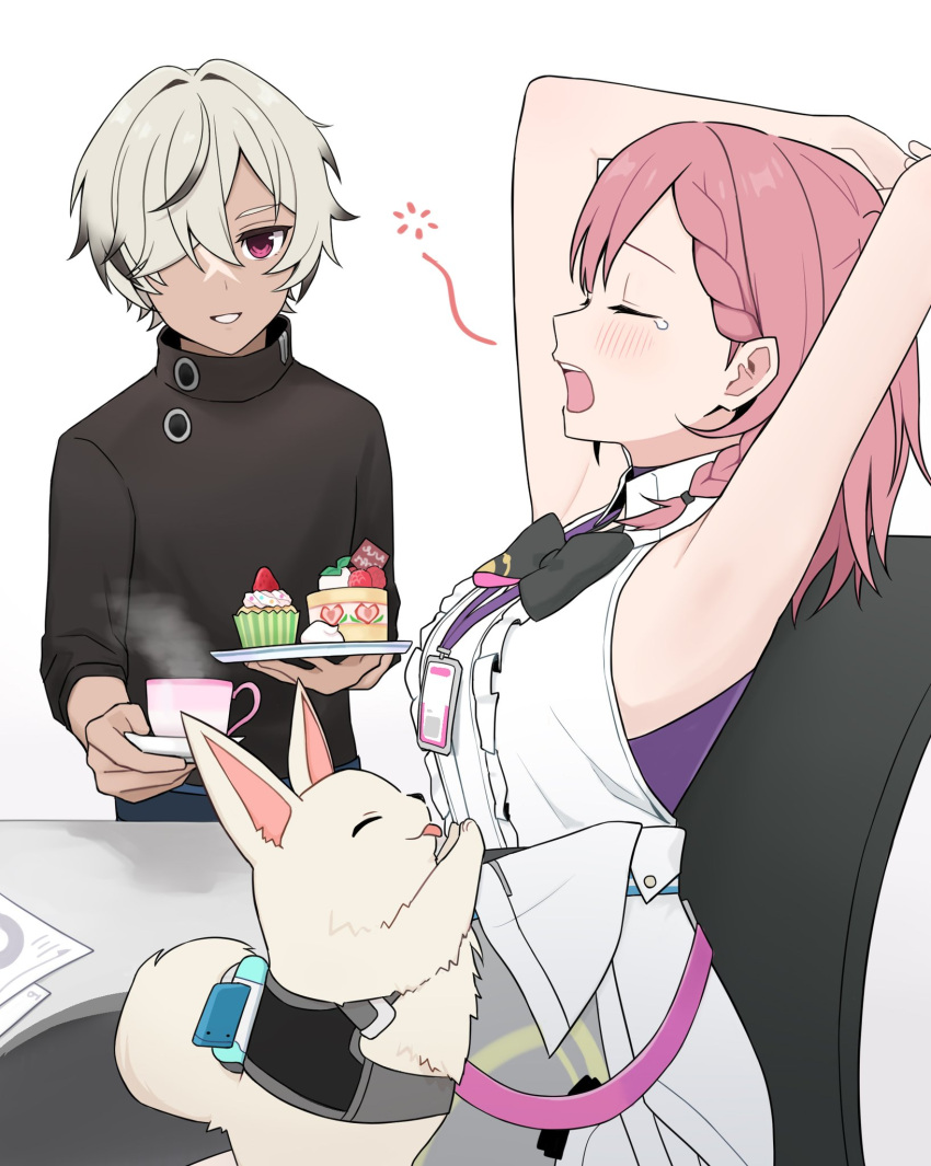 1boy 1girl arlan_(honkai:_star_rail) armpits arms_up asta_(honkai:_star_rail) bare_arms bare_shoulders black_shirt blush cake closed_eyes commentary_request cup cupcake dog dress food grey_hair highres holding holding_plate honkai:_star_rail honkai_(series) medium_hair peppy_(honkai:_star_rail) pink_hair plate purple_eyes shiro_(branch0126) shirt short_hair simple_background stretching teacup tears upper_body white_background white_dress