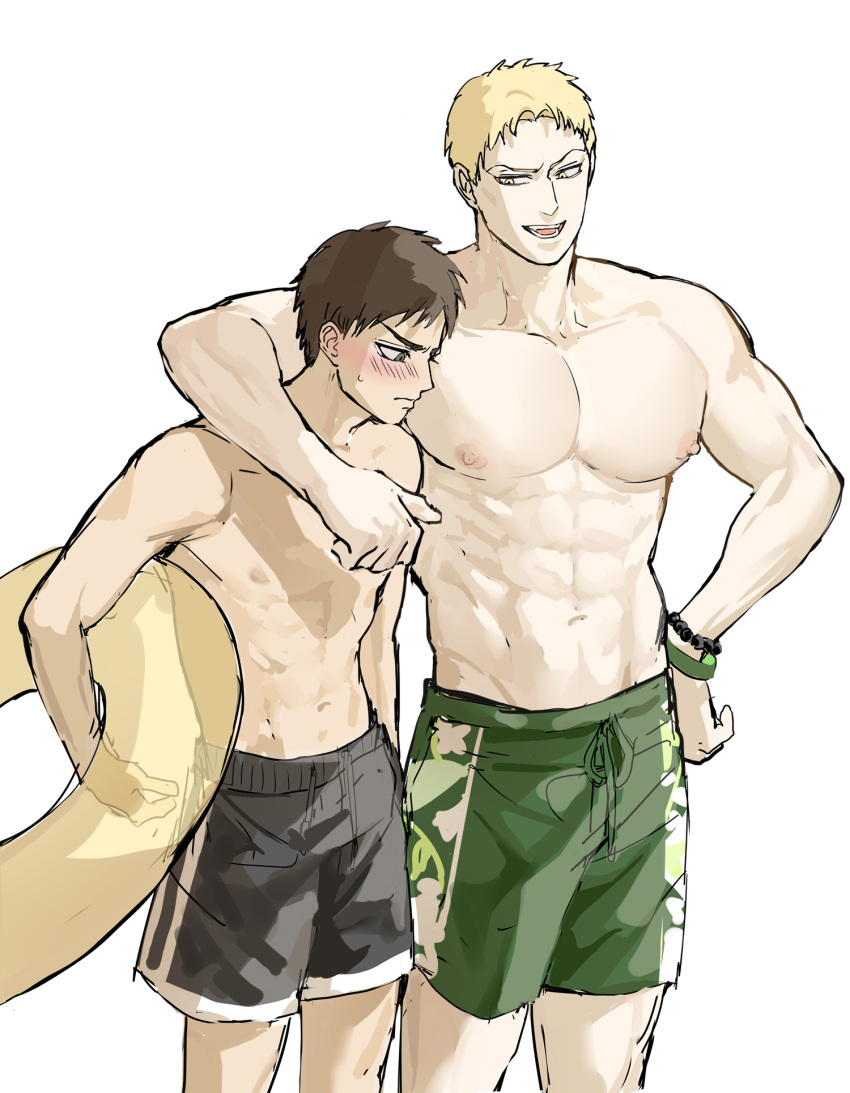 2boys abs bara black_hair black_male_swimwear blonde_hair blush bracelet closed_mouth cute_potato_(cute_potato_ner) eren_yeager green_eyes green_male_swimwear highres holding holding_swim_ring innertube jewelry large_pectorals looking_at_another male_focus male_swimwear multiple_boys muscular muscular_male navel nipples open_mouth pectorals reiner_braun shingeki_no_kyojin short_hair simple_background smile swim_ring topless_male white_background yaoi yellow_eyes