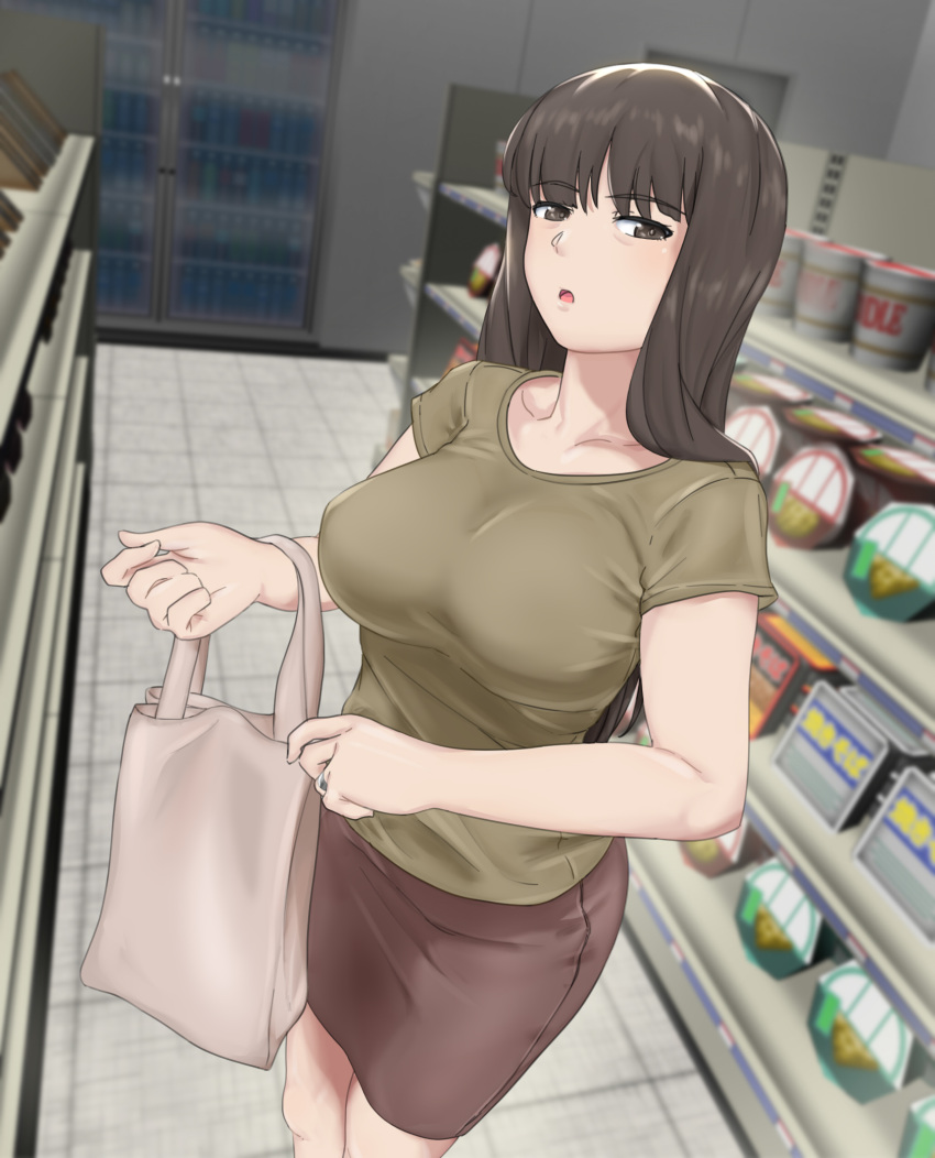 1girl bag black_hair blush breasts brown_eyes brown_skirt collarbone girls_und_panzer highres huaronanago indoors jewelry large_breasts long_hair looking_at_viewer nishizumi_shiho open_mouth ring shopping_bag skirt solo supermarket
