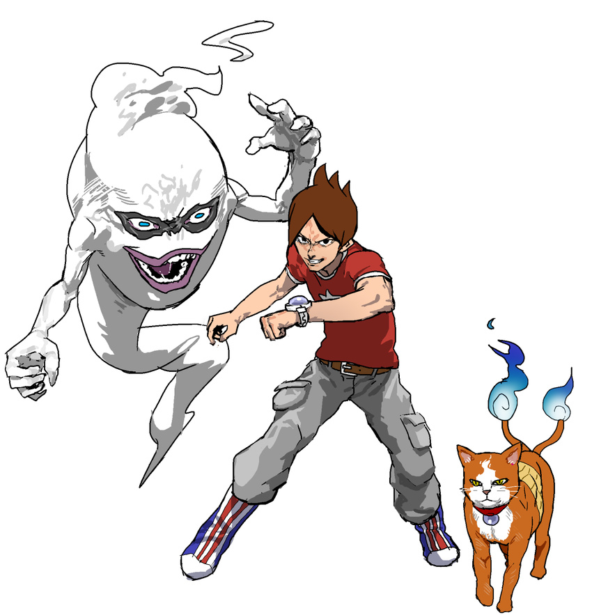 amano_keita belt black_eyes blue_eyes boots brown_hair cargo_pants cat collar full_body ghost grey_pants grin haiunk haramaki highres jibanyan multiple_tails nekomata open_mouth pants purple_lips realistic red_shirt shirt short_hair short_sleeves simple_background smile star t-shirt tail two_tails watch whisper_(youkai_watch) white_background wristwatch yellow_eyes youkai youkai_watch youkai_watch_(object)