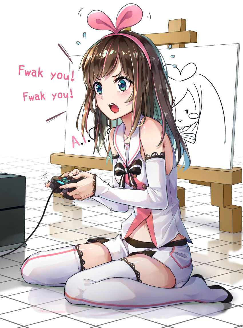 1girl a.i._channel absurdres angry bare_shoulders blue_eyes blush boots brown_hair commentary detached_sleeves english_commentary english_text engrish_text full_body hairband highres holding_controller indoors kizuna_ai lace lace-trimmed_legwear lace-trimmed_sleeves long_hair mr.lime multicolored_hair navel pink_hair pink_hairband playing_games ranguage seiza shirt short_shorts shorts shouting sitting sleeveless sleeveless_shirt solo streaked_hair thigh_boots thighhighs two-tone_hair virtual_youtuber white_legwear white_shorts