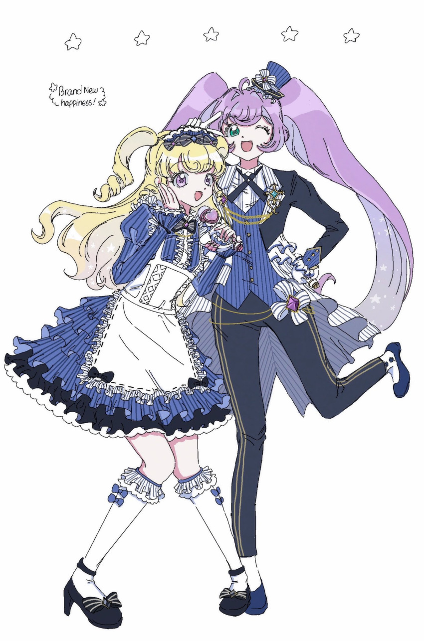 2girls :d ahoge apron black_footwear black_jacket black_pants blonde_hair blue_dress blue_headwear center_frills collared_shirt dress frilled_apron frilled_dress frills full_body gloves green_eyes hand_on_own_cheek hand_on_own_face hand_on_own_hip hand_up hands_up hat high_heels highres idol_time_pripara jacket juliet_sleeves ku_(kuooss) long_hair long_sleeves looking_at_viewer manaka_laala microphone mini_hat mini_top_hat multiple_girls one_eye_closed open_mouth pants pretty_series pripara puffy_sleeves purple_eyes purple_hair ringlets shirt shoes simple_background smile standing standing_on_one_leg star_(symbol) top_hat twintails two_side_up v very_long_hair white_apron white_background white_gloves white_shirt yumekawa_yui