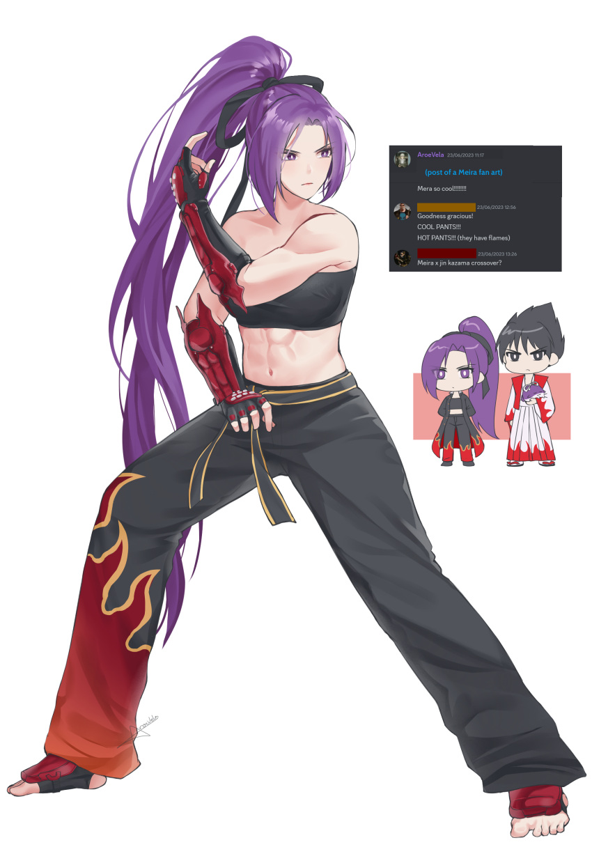 1boy 1girl abs absurdres aroevela black_eyes black_hair black_pants black_tank_top commentary cosplay costume_switch discord english_commentary fingerless_gloves fire_pants full_body gloves highres kazama_jin kazama_jin_(cosplay) long_hair meira_(touhou) meira_(touhou)_(cosplay) navel pants purple_eyes purple_hair simple_background solo_focus tank_top tekken touhou touhou_(pc-98) white_background