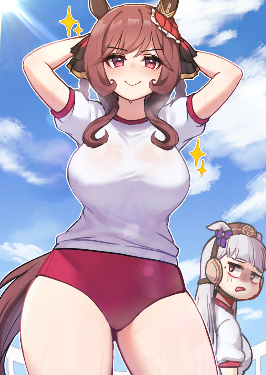 2girls absurdres alternate_costume annoyed arms_up breasts brown_hair buruma closed_mouth cloud commentary_request dochi_uma564 gentildonna_(umamusume) gold_ship_(umamusume) hair_rings highres horse_girl large_breasts lens_flare long_hair looking_at_viewer multiple_girls red_eyes shirt sky smile sweat umamusume white_background