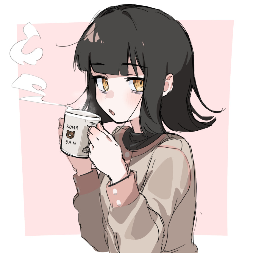 1girl :o bags_under_eyes black_hair blowing blunt_bangs buttons cup grey_shirt highres holding holding_cup long_sleeves looking_at_viewer medium_hair mug open_mouth original quraqura_nemii shirt steam upper_body yellow_eyes