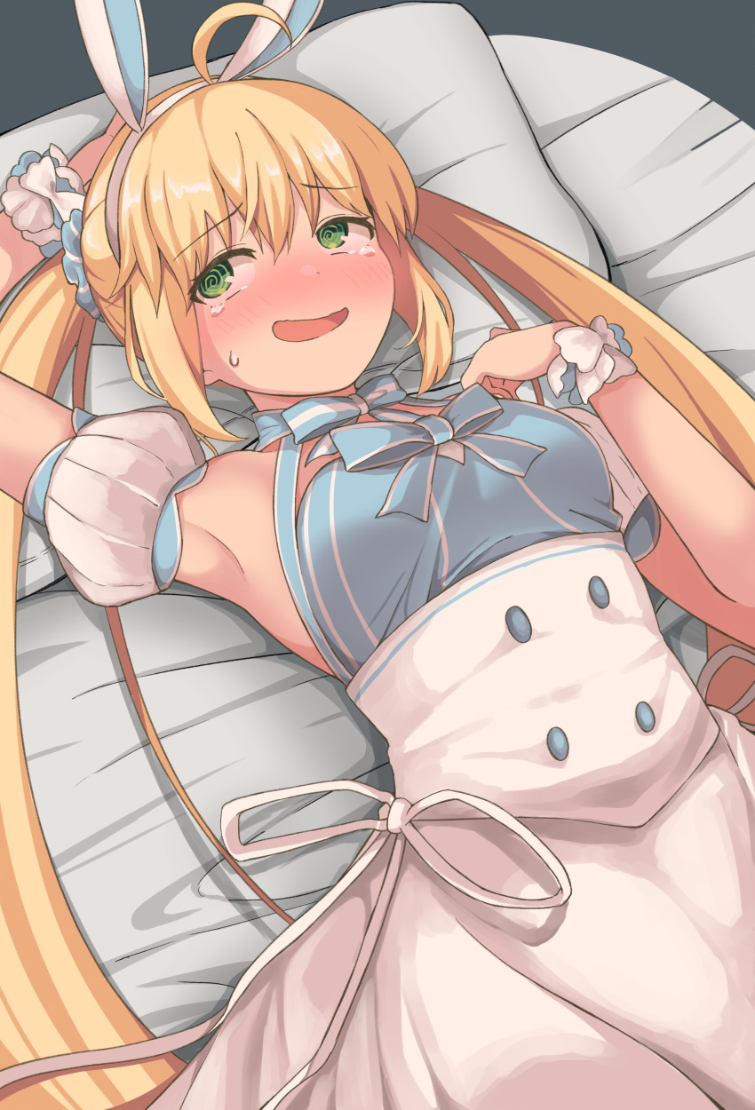 1girl @_@ absurdres ahoge animal_ears arm_up artoria_caster_(fate) artoria_caster_(swimsuit)_(fate) artoria_caster_(swimsuit)_(second_ascension)_(fate) artoria_pendragon_(fate) bare_shoulders blonde_hair blue_bow blue_dress blush bow breasts detached_sleeves dress fake_animal_ears fate/grand_order fate_(series) green_eyes hairband highres long_hair lying medium_breasts on_bed puffy_short_sleeves puffy_sleeves rabbit_ears scrunchie short_sleeves solo sweatdrop tanuki_(siutkm0228) tearing_up twintails white_bow wrist_scrunchie