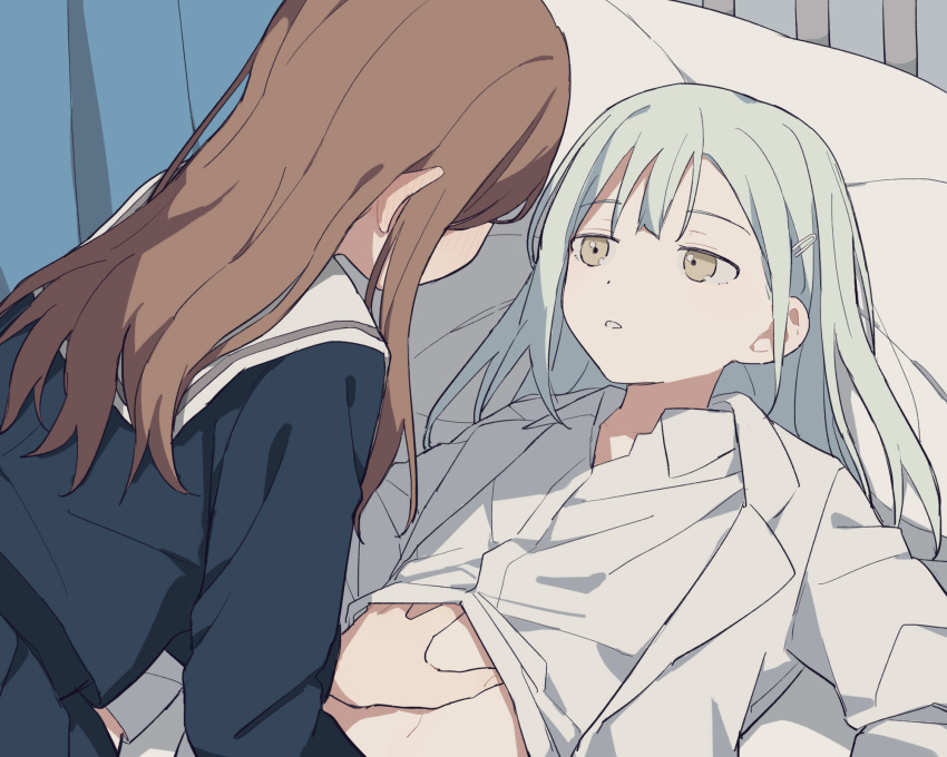 2girls bang_dream! bang_dream!_it's_mygo!!!!! blue_serafuku blue_shirt blue_skirt blush brown_hair coldcat. collared_shirt commentary dress_shirt ear_blush green_hair hair_ornament hairclip hand_on_another's_stomach highres jacket long_hair long_sleeves lying midriff multiple_girls nagasaki_soyo navel on_back on_bed open_clothes open_jacket parted_lips pleated_skirt sailor_collar school_uniform serafuku shirt sidelocks skirt tsukinomori_school_uniform wakaba_mutsumi white_jacket white_sailor_collar white_shirt yellow_eyes yuri