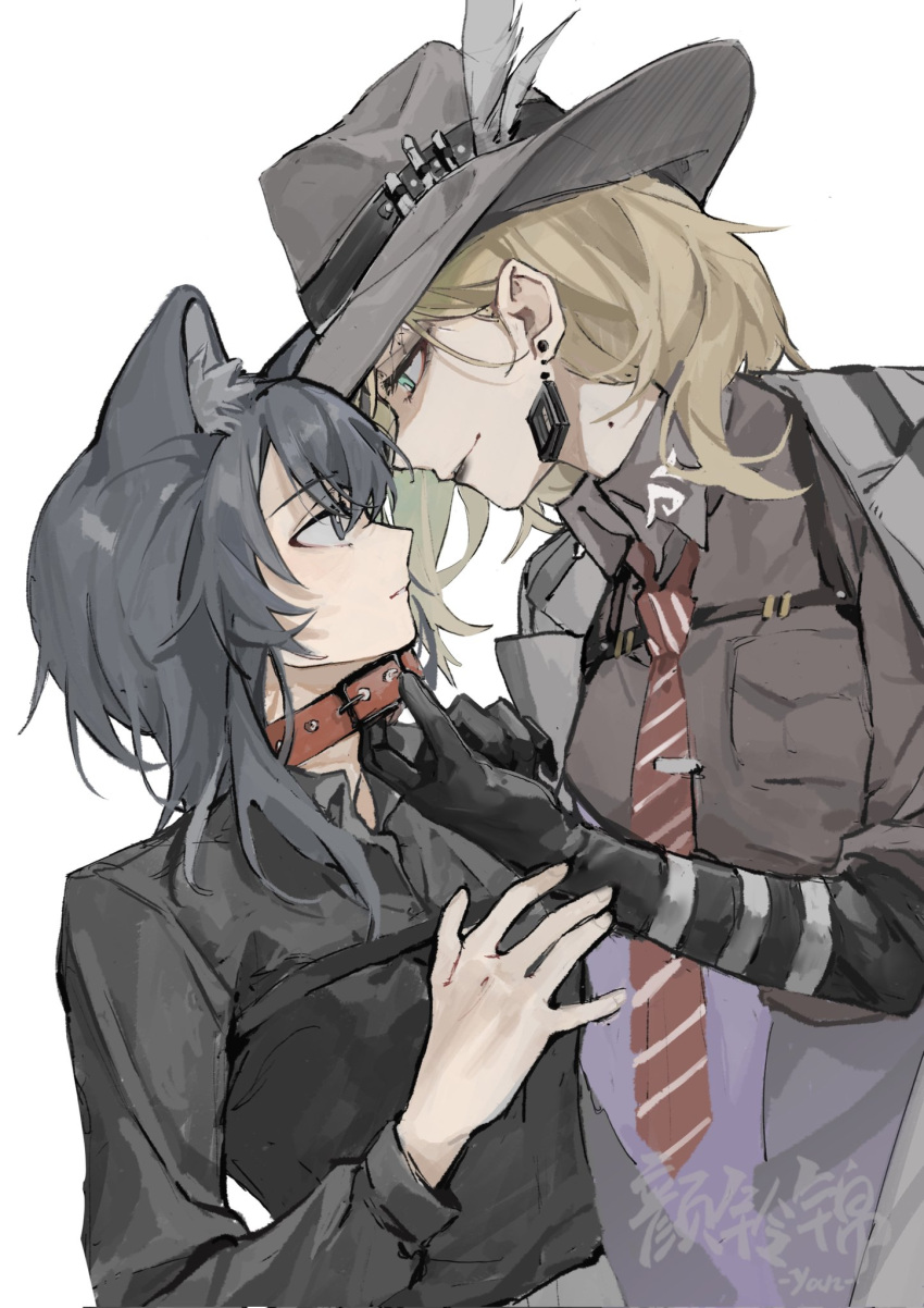 2girls animal_ear_fluff black_eyes black_gloves black_hair black_headwear black_lips black_shirt blonde_hair blue_eyes bright_pupils brown_shirt chief_(path_to_nowhere) chinese_commentary coat coat_on_shoulders collar_tug collared_shirt commentary_request earrings fedora female_chief_(path_to_nowhere) gloves grey_coat hat hat_feather highres jewelry kemonomimi_mode langley_(path_to_nowhere) long_hair medium_hair mole mole_on_neck multiple_girls necktie path_to_nowhere red_necktie shirt simple_background striped_necktie white_background white_pupils yanlingjinshilihuahua yuri