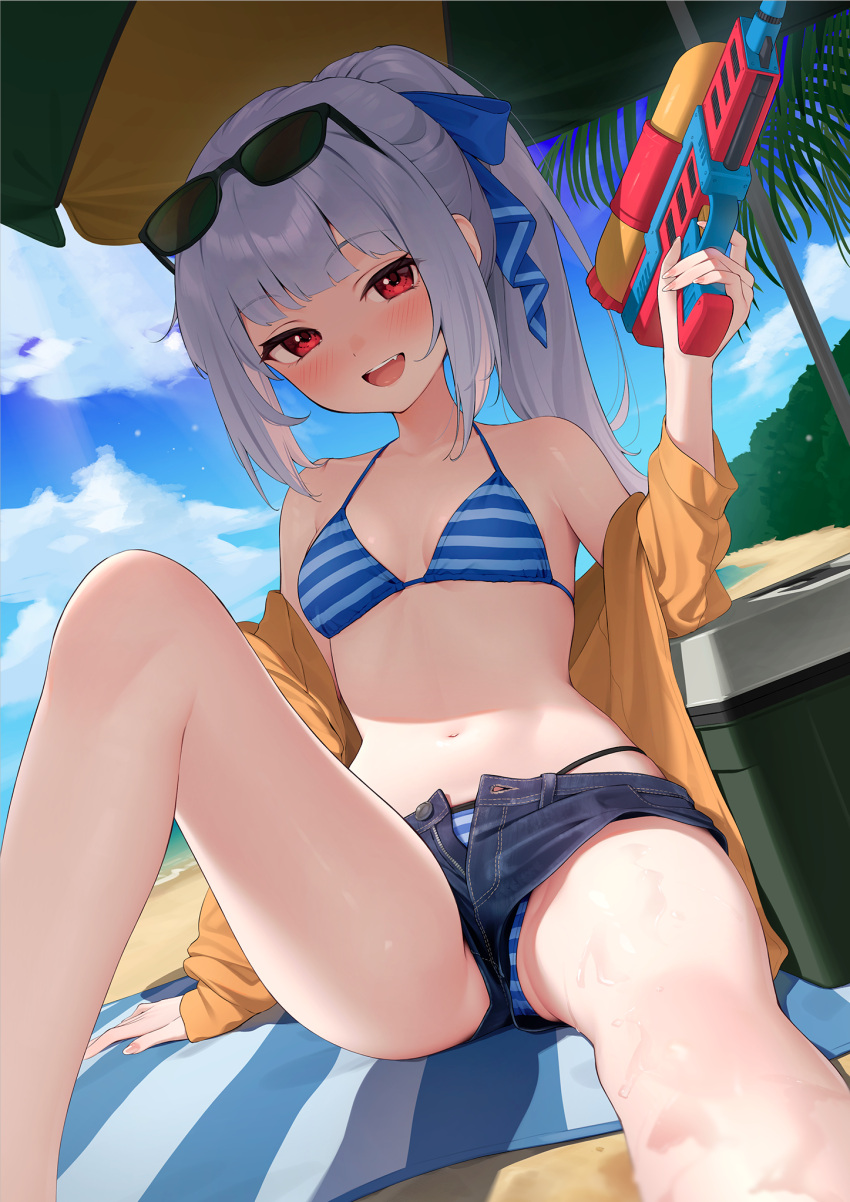 1girl beach beach_umbrella bikini blue_bikini blue_shorts cloud cloudy_sky denim denim_shorts eyewear_on_head highres holding holding_water_gun jacket kanpa_(campagne_9) long_hair looking_at_viewer original red_eyes shorts sky solo striped_bikini striped_clothes sunglasses swimsuit umbrella water_gun white_hair yellow_jacket