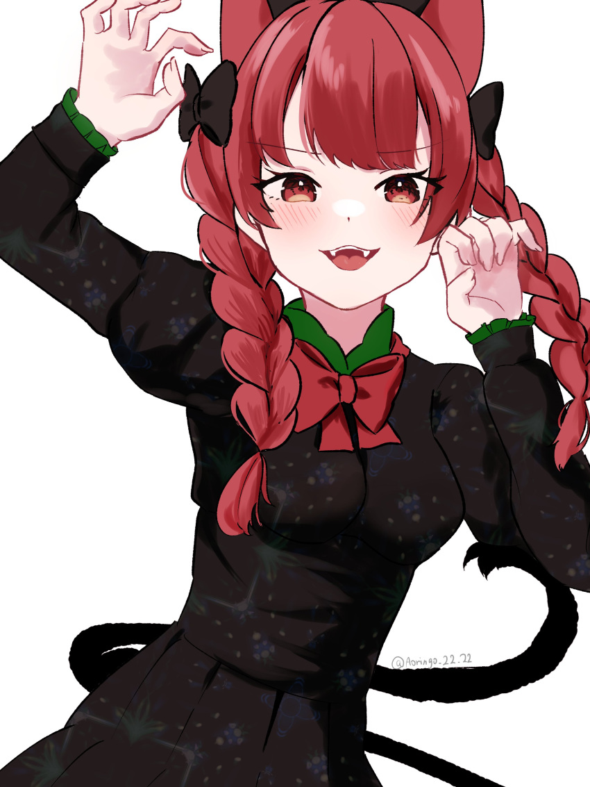 1girl :d absurdres animal_ears aoringo_orin black_bow black_dress blush bow bowtie breasts cat_day cat_ears cat_girl cat_tail commentary dress fang hair_bow highres kaenbyou_rin long_sleeves looking_at_viewer multiple_tails nekomata open_mouth red_bow red_bowtie simple_background smile solo tail touhou two_tails white_background