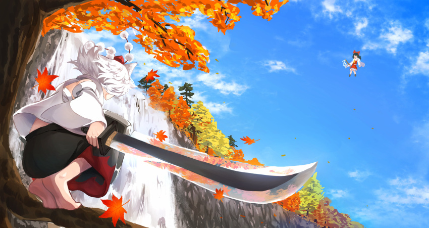 2girls absurdres animal_ears barefoot black_hair black_skirt blue_sky cloud commentary detached_sleeves god_g4mes gohei hakurei_reimu hat highres holding holding_sword holding_weapon inubashiri_momiji leaf maple_leaf multiple_girls outdoors red_headwear red_skirt short_hair skirt sky solo_focus squatting sword tokin_hat touhou tree two-tone_skirt water waterfall weapon white_hair wide_sleeves wolf_ears wolf_girl