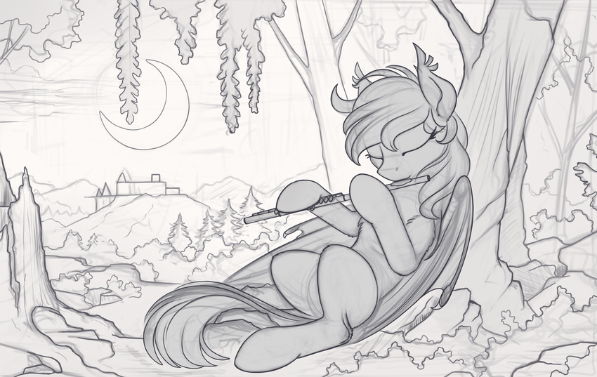 detailed_background female flute fur greyscale hooves inner_ear_fluff monochrome moon musical_instrument my_little_pony night outside sitting sketch solo tree yakovlev-vad