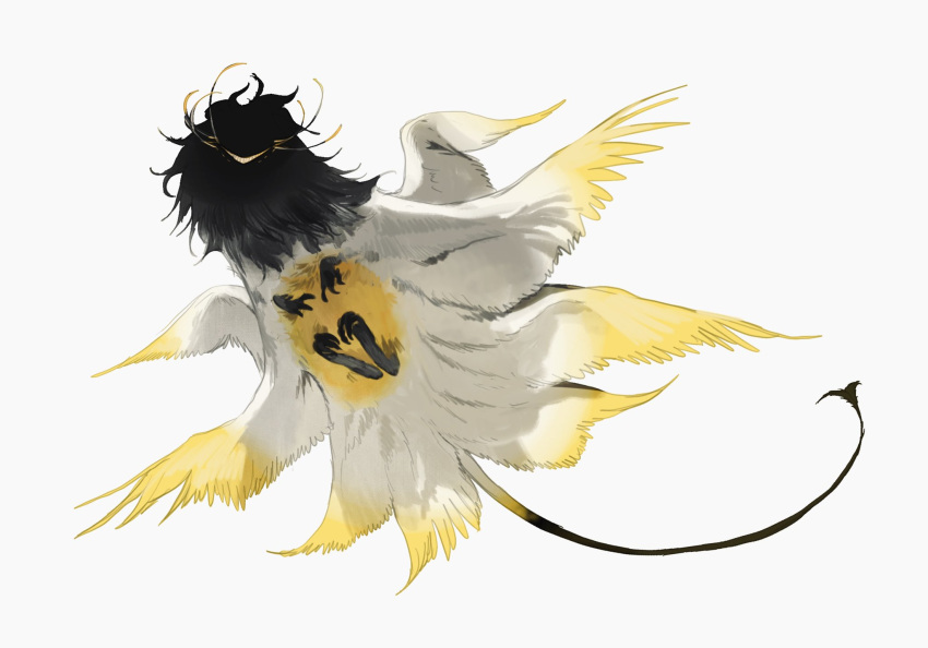 animal_focus black_feathers black_hands black_tail creature feathered_wings feathers full_body grin highres kamikiririp looking_at_viewer multiple_wings no_eyes no_humans original smile tan white_background wings yellow_wings