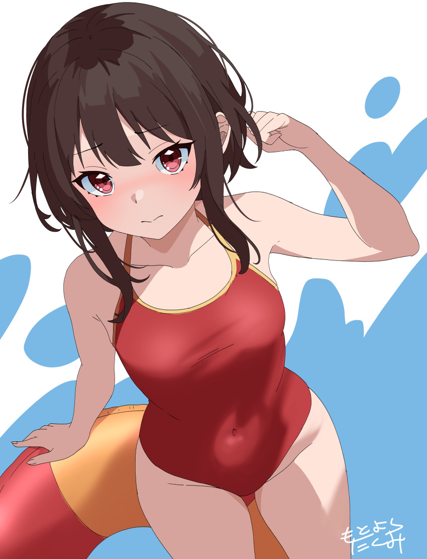 1girl absurdres artist_logo artist_name black_hair breasts casual_one-piece_swimsuit collarbone covered_navel cowboy_shot from_above highres innertube kono_subarashii_sekai_ni_shukufuku_wo! megumin mototaku one-piece_swimsuit red_eyes red_one-piece_swimsuit short_hair short_hair_with_long_locks small_breasts solo standing swim_ring swimsuit