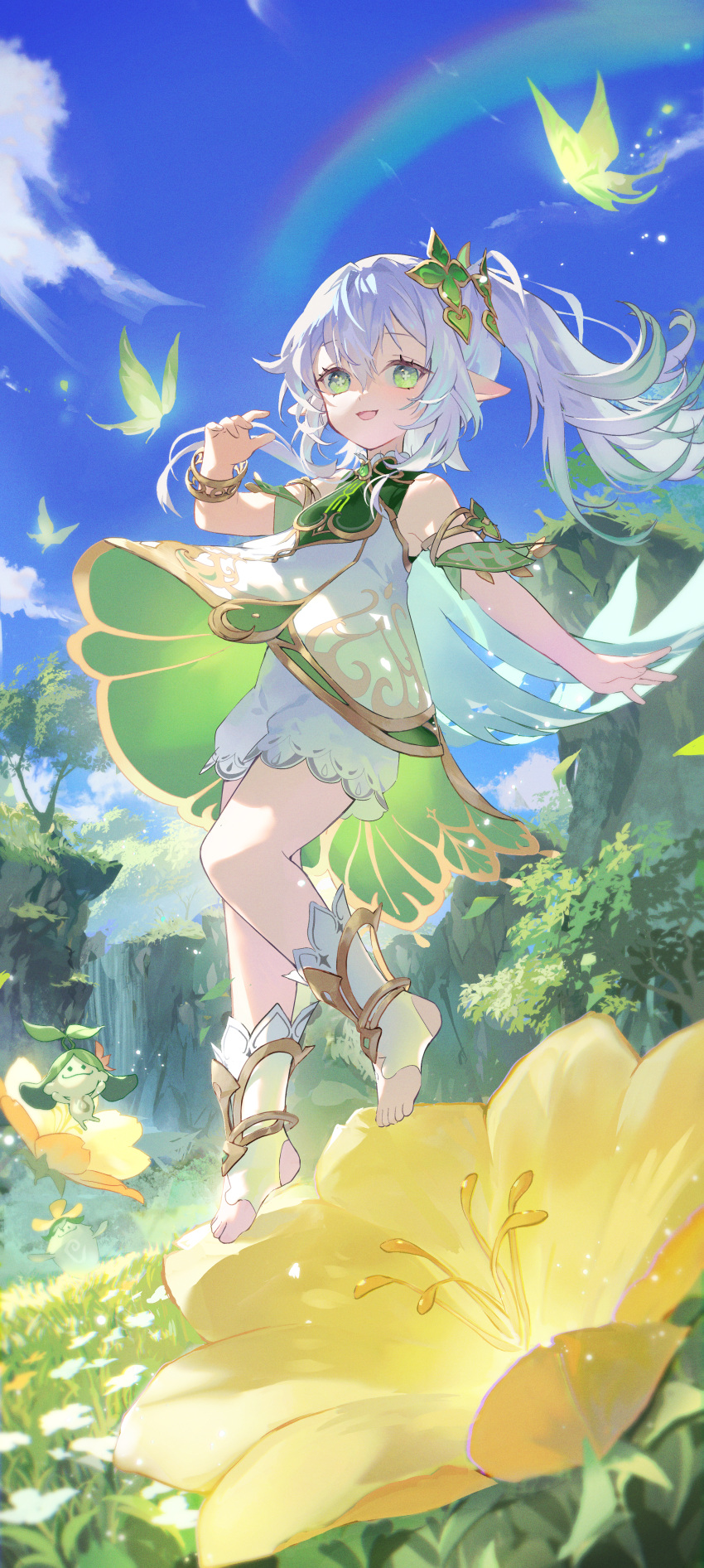 1girl absurdres aranara_(genshin_impact) bare_shoulders bloomers blue_sky bright_pupils bug butterfly cross-shaped_pupils dress floating_hair full_body genshin_impact gradient_hair green_eyes green_hair grey_hair highres long_hair looking_at_viewer mimimikan multicolored_hair nahida_(genshin_impact) outdoors parted_lips pointy_ears rainbow side_ponytail sidelocks sky sleeveless sleeveless_dress smile stirrup_footwear symbol-shaped_pupils toeless_footwear white_bloomers white_dress white_footwear white_pupils