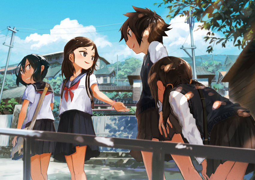 4girls absurdres backpack bag bent_over black_eyes black_hair black_skirt blue_sailor_collar blue_skirt blue_sky blue_sweater_vest blurry bracelet brown_hair building closed_mouth cloud commentary_request dappled_sunlight day depth_of_field film_grain hair_between_eyes hair_ornament hairclip highres inami_hatoko jewelry long_sleeves looking_at_another low_twintails messy_hair multiple_girls neckerchief open_mouth original outdoors pleated_skirt power_lines red_neckerchief revision sailor_collar school_bag school_uniform serafuku shirt short_hair short_sleeves shoulder_bag sidelocks skirt sky smile sunlight sweater_vest twintails utility_pole white_shirt