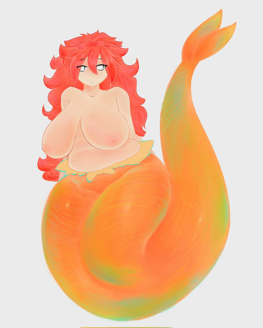 big_breasts breasts female fin grey_background hair half-closed_eyes hi_res huge_breasts humanoid long_hair love_handles marine merfolk narrowed_eyes orange_body orange_scales red_hair scales simple_background slightly_chubby slightly_chubby_female slightly_chubby_humanoid solo split_form tail tail_fin tideripples white_background