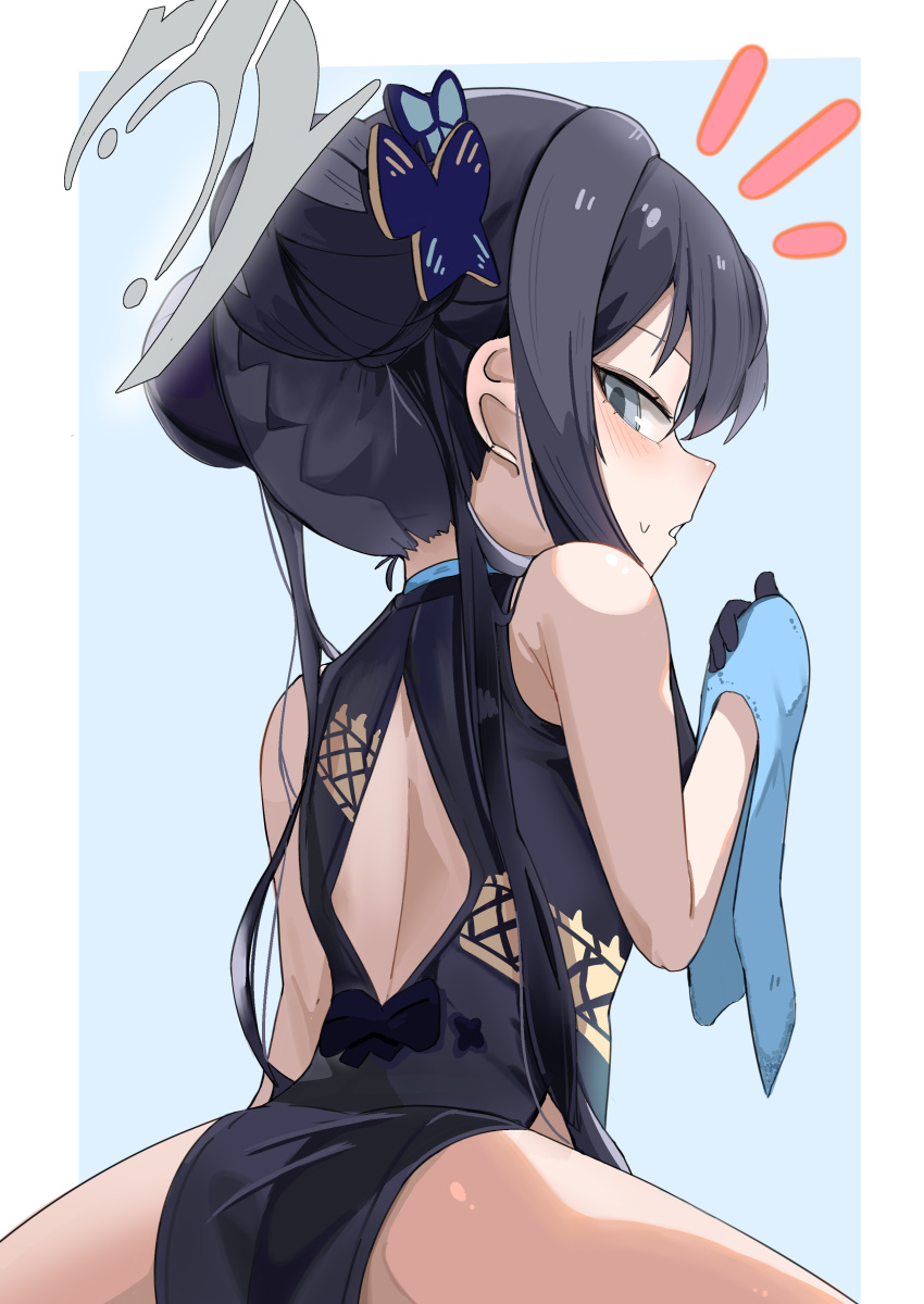 1girl absurdres back_cutout bare_shoulders black_dress black_hair blue_archive blue_background border butterfly_hair_ornament china_dress chinese_clothes clothing_cutout double_bun dragon_print dress from_behind grey_halo hair_bun hair_ornament halo high_(hgih) highres holding kisaki_(blue_archive) long_hair looking_back notice_lines print_dress sleeveless sleeveless_dress solo twintails white_border