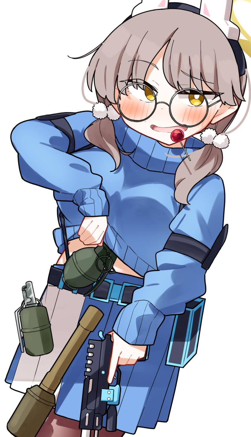 1girl blue_archive blue_skirt blue_sweater blush breasts brown_hair brown_pantyhose candy clothes_lift commentary_request dash_b explosive food glasses grenade gun hair_over_shoulder halo headgear highres holding holding_gun holding_weapon large_breasts lifted_by_self lollipop long_hair long_sleeves looking_at_viewer low_twintails moe_(blue_archive) pantyhose pleated_skirt puffy_long_sleeves puffy_sleeves round_eyewear simple_background skirt sleeves_past_wrists solo standing stielhandgranate sweater sweater_lift turtleneck turtleneck_sweater twintails weapon white_background yellow_eyes