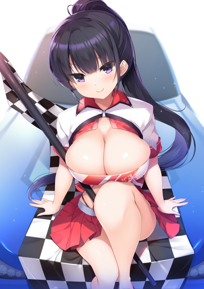 1girl amakarashi between_legs black_hair breasts checkered_flag cleavage cleavage_cutout closed_mouth clothing_cutout commission flag highres large_breasts long_hair on_vehicle original pink_skirt pixiv_commission pleated_skirt ponytail purple_eyes race_queen sitting skirt smile solo unzipped zipper