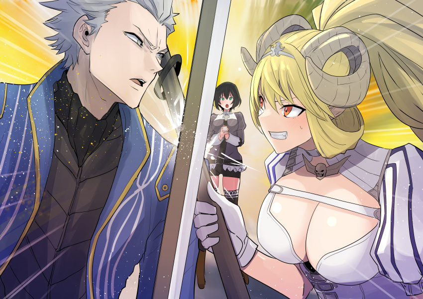 absurdres blue_jacket breasts cleavage commentary commission demon_girl demon_horns devil_may_cry_(series) english_commentary highres holding holding_polearm holding_weapon horns jacket lucifer_(the_seven_deadly_sins) polearm spear sword the_seven_deadly_sins totsuka_maria vergil_(devil_may_cry) weapon