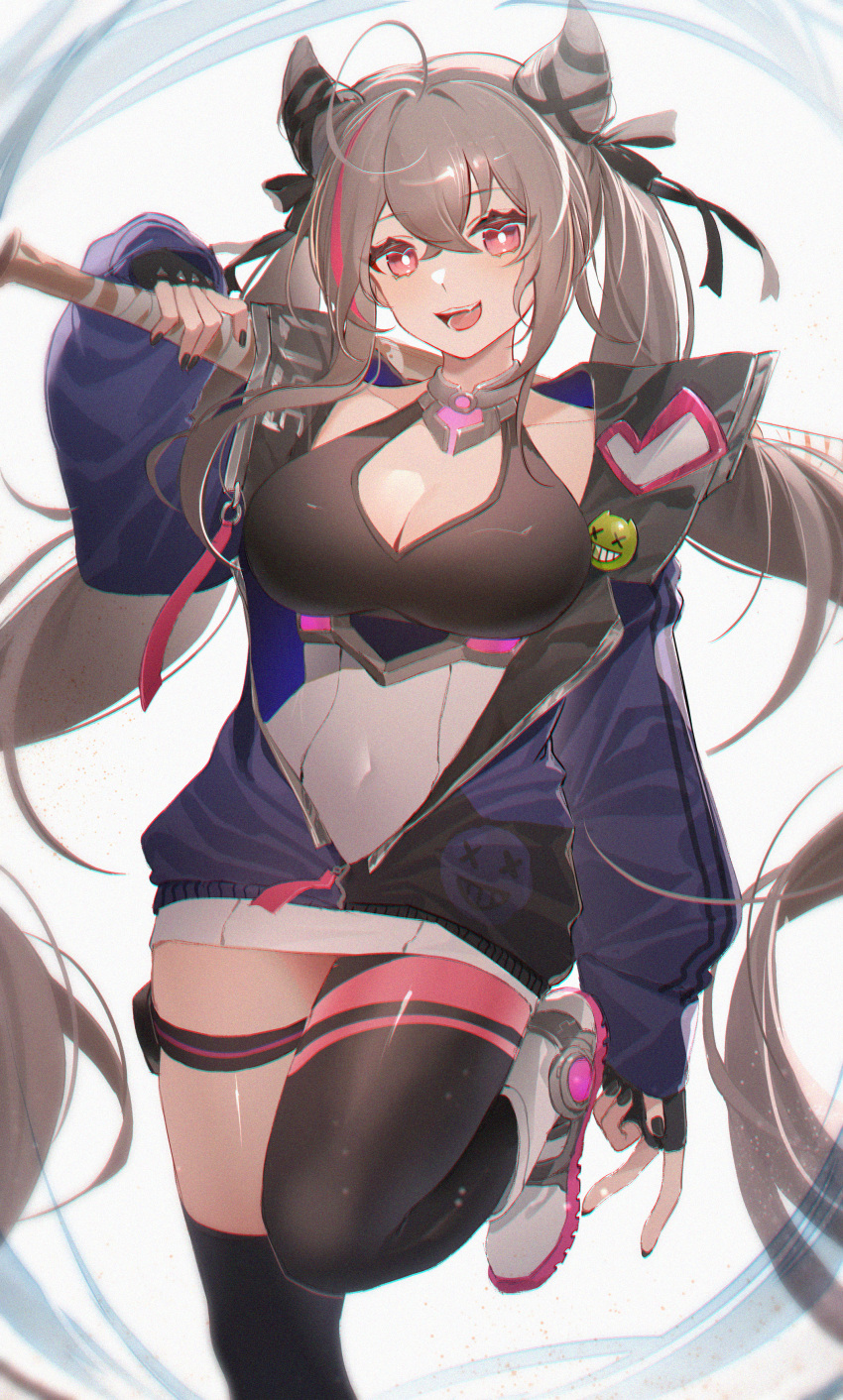 1girl :d absurdres arm_behind_back azur_lane badge bare_shoulders baseball_bat black_gloves black_nails blue_jacket breasts brown_hair button_badge cleavage covered_navel fang fingerless_gloves gloves hair_between_eyes hand_up highres holding holding_baseball_bat jacket large_breasts leg_up long_hair looking_at_viewer messy_hair multicolored_hair nail_polish open_clothes open_jacket over_shoulder partially_unzipped pink_eyes pink_hair red_hair san_francisco_(azur_lane) shibuya_(kurokamishain) skin_fang smile smiley_face solo standing standing_on_one_leg streaked_hair thighhighs thighs twintails two-tone_hair very_long_hair weapon weapon_over_shoulder