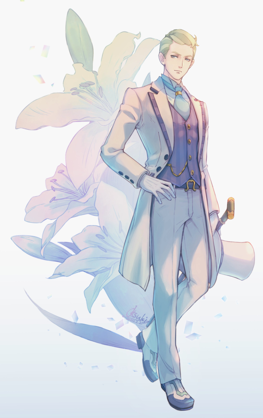 1boy absurdres ace_attorney ashley_graydon belt blonde_hair blue_eyes blue_necktie buttons cane closed_mouth flower full_body gloves gradient_background highres holding holding_cane male_focus necktie pants plaid plaid_shirt shirt short_hair solo suit the_great_ace_attorney tsuki_(applebeniakari) walking white_background white_gloves white_pants white_suit
