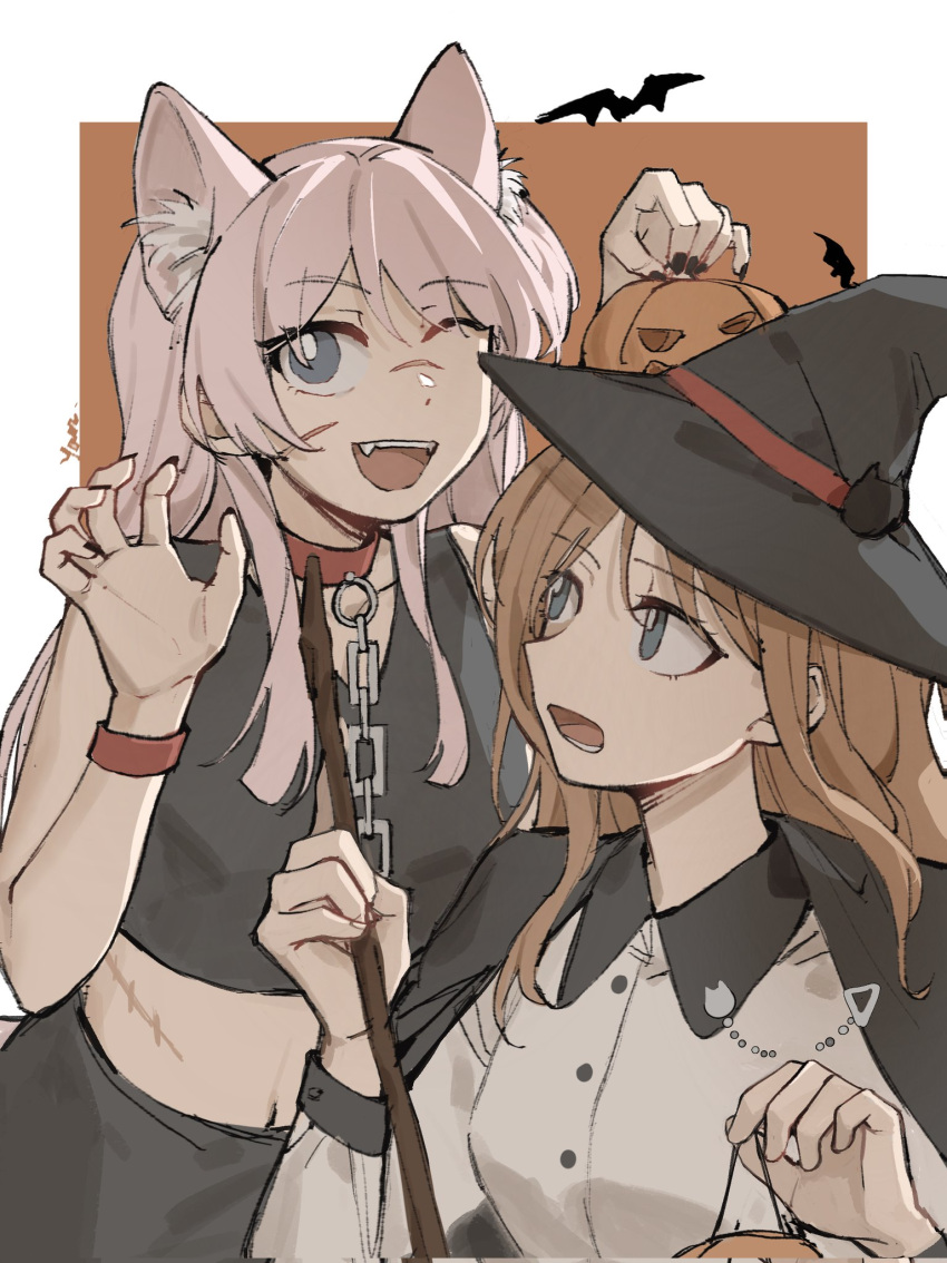 2girls animal_ear_fluff animal_ears bang_dream! bang_dream!_it's_mygo!!!!! black_cape black_headwear black_shirt black_skirt blue_eyes bright_pupils brown_hair cape cat_ears chain chihaya_anon claw_pose collarbone commentary crop_top english_commentary food halloween hat highres holding holding_food holding_pumpkin holding_vegetable jack-o'-lantern kemonomimi_mode long_hair looking_at_another multiple_girls nagasaki_soyo one_eye_closed open_mouth orange_background pink_hair pumpkin scar scar_on_face scar_on_nose scar_on_stomach shirt skirt sleeveless sleeveless_shirt swimsuit two-tone_background vegetable white_background white_pupils white_shirt witch_hat wristband yanlingjinshilihuahua