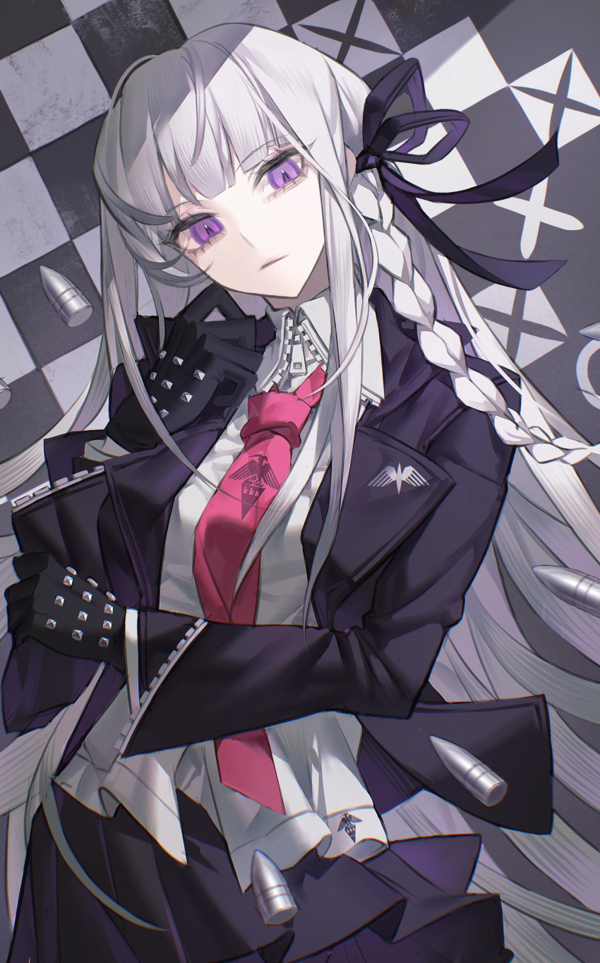 1girl absurdres arm_across_waist black_gloves blunt_bangs braid bullet checkered_background chinese_commentary commentary_request cowboy_shot danganronpa:_trigger_happy_havoc danganronpa_(series) expressionless gloves hair_ribbon hand_up highres jacket kirigiri_kyoko long_hair long_sleeves looking_at_viewer necktie open_clothes open_jacket pink_necktie procreate_(medium) purple_eyes purple_jacket purple_skirt ribbon shirt side_braid single_braid skirt solo standing straight_hair studded_gloves white_hair white_shirt yi_zhen_gui_mu zipper zipper_sleeves