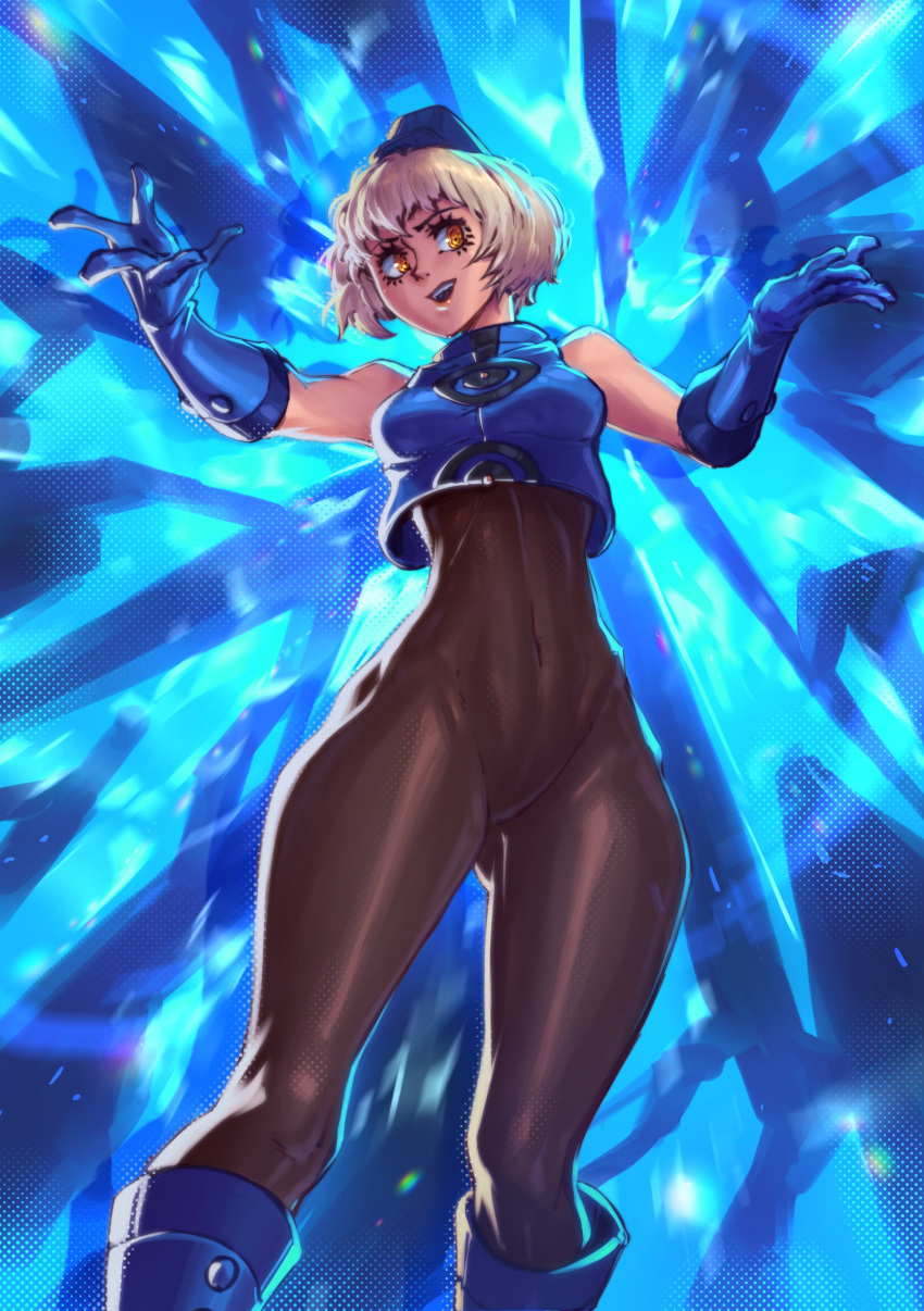 absurdres bare_shoulders black_bodysuit blue_gloves blue_headwear bodysuit crop_top cropped_jacket elizabeth_(persona) glass_shards gloves hatidraw highres persona persona_3 skin_tight white_hair wide_hips yellow_eyes