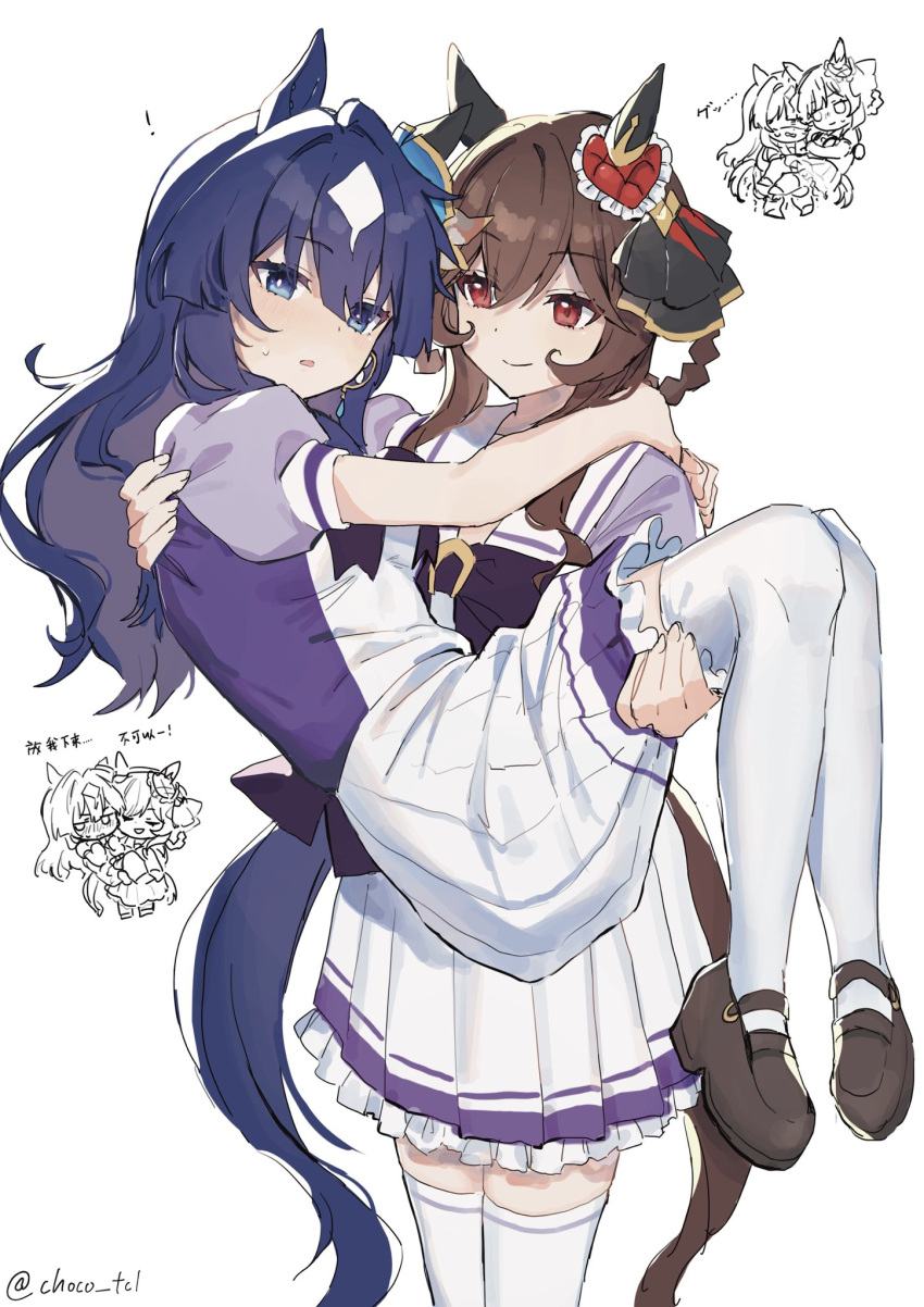 2girls animal_ears averting_eyes blue_eyes blue_hair blush bow bowtie bright_pupils brown_footwear brown_hair carrying chinese_text cho_k_(choco_tcl) commentary ear_covers ear_ornament gentildonna_(umamusume) hair_between_eyes hair_bow highres horse_ears horse_girl horse_tail loafers long_hair multicolored_hair multiple_girls pleated_skirt princess_carry puffy_short_sleeves puffy_sleeves purple_bow purple_bowtie purple_shirt red_eyes sailor_collar school_uniform shirt shoes short_sleeves sidelocks skirt summer_uniform tail thighhighs tracen_school_uniform twitter_username two-tone_hair umamusume verxina_(umamusume) waist_bow white_hair white_sailor_collar white_skirt white_thighhighs