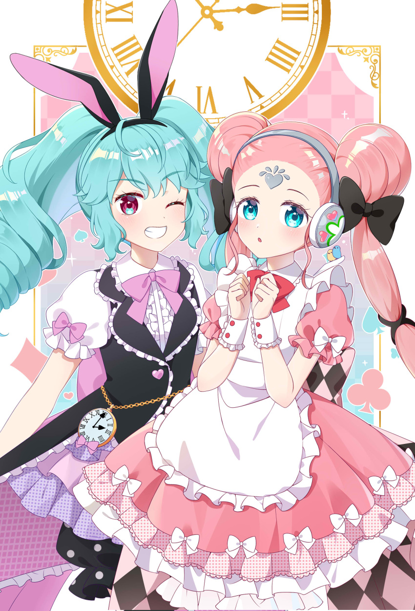 2girls absurdres animal_ears apron blue_eyes blue_hair bow center_frills chinese_commentary clock club_(shape) coattails collared_shirt commentary_request cowboy_shot diamond_(shape) double_bun dress ebi_nana facial_mark fake_animal_ears forehead_mark frilled_apron frilled_dress frills grin hair_bow hair_bun hands_up highres idol_land_pripara katasumi_amari long_hair looking_at_viewer multiple_girls official_alternate_costume one_eye_closed open_mouth pink_bow pink_dress pink_eyes pink_hair pocket_watch pororo_(pripara) pretty_series pripara puffy_short_sleeves puffy_sleeves purple_skirt rabbit_ears shirt short_sleeves skirt smile spade_(shape) star_(symbol) twintails very_long_hair watch white_apron white_bow white_shirt wrist_cuffs