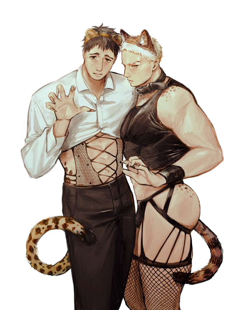 2boys animal_ears ass bara bertolt_hoover black_hair black_male_underwear black_pants blonde_hair blush closed_mouth collared_shirt fingernails fishnet_thighhighs fishnets gu_pantaro highres jockstrap large_pectorals looking_at_viewer male_focus male_underwear multiple_boys muscular muscular_male navel pants pectorals reiner_braun sharp_fingernails shingeki_no_kyojin shirt short_hair simple_background tail thick_thighs thighhighs thighs tiger_boy tiger_ears tiger_tail underwear white_background white_shirt yaoi