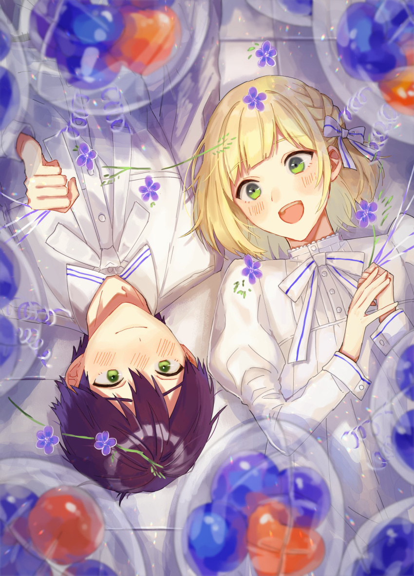 2boys :d absurdres balloon blonde_hair blunt_bangs blush bob_cut bow braid closed_mouth collared_shirt dress_shirt eye_contact flower french_braid frilled_shirt_collar frills from_above green_eyes hair_between_eyes hair_bow highres holding holding_balloon holding_flower juliet_sleeves kenmochi_touya leaf long_sleeves looking_at_another lying male_focus multiple_boys neck_ribbon nijisanji on_back on_floor otoko_no_ko puffy_sleeves purple_flower purple_hair ribbon rotational_symmetry shirt short_hair sideways_glance smile striped_ribbon suwada suzuya_aki teeth tile_floor tiles upper_body upper_teeth_only virtual_youtuber white_ribbon