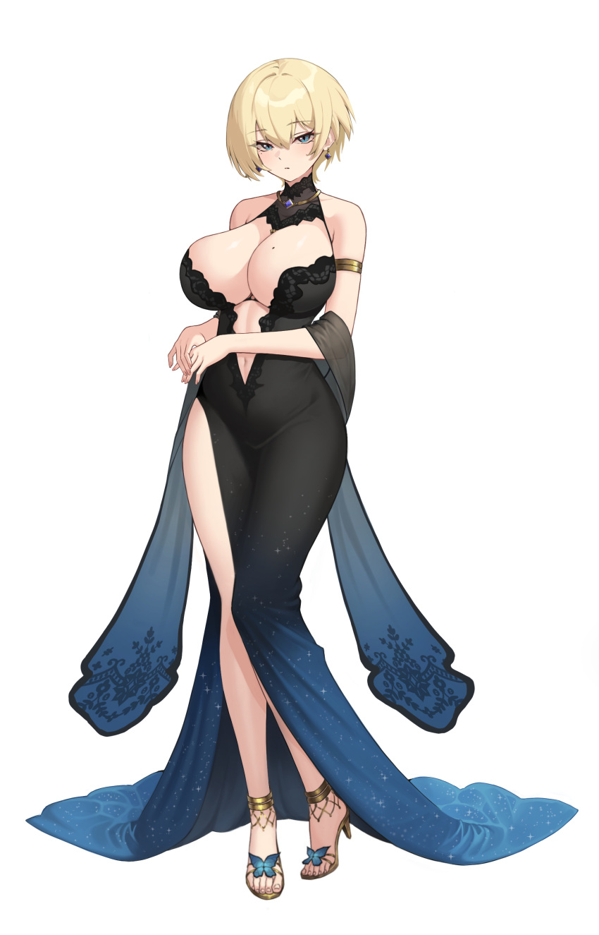1girl absurdres armlet black_dress blonde_hair breasts clothing_cutout dress evening_gown full_body girls'_frontline highres large_breasts mole mole_on_breast mole_under_eye navel_cutout official_alternate_costume simple_background solo tkswp12 vsk-94_(girls'_frontline) vsk-94_(night_on_the_silver_bay)_(girls'_frontline) white_background yellow_footwear