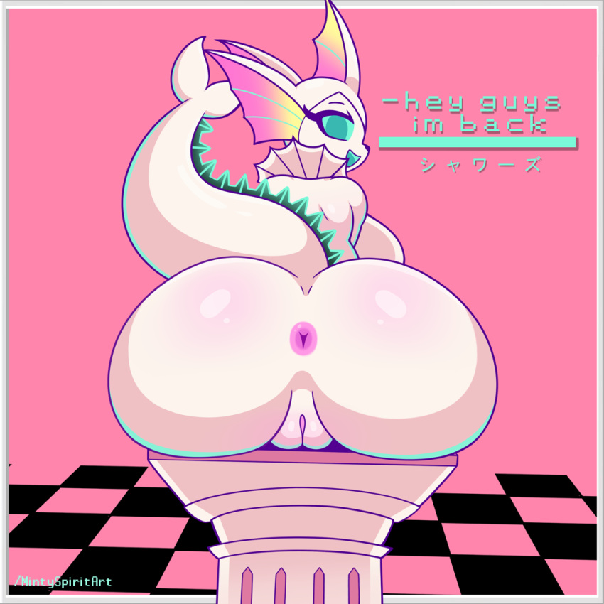 2024 anthro anus big_butt breasts butt column digital_media_(artwork) eeveelution english_text female generation_1_pokemon genitals green_eyes green_sclera looking_at_viewer looking_back marble mintyspirit nintendo open_mouth pink_anus pink_pussy pokemon pokemon_(species) pussy simple_background sitting smile solo text vapor-neon_(mintyspirit) vaporeon vaporwave white_body