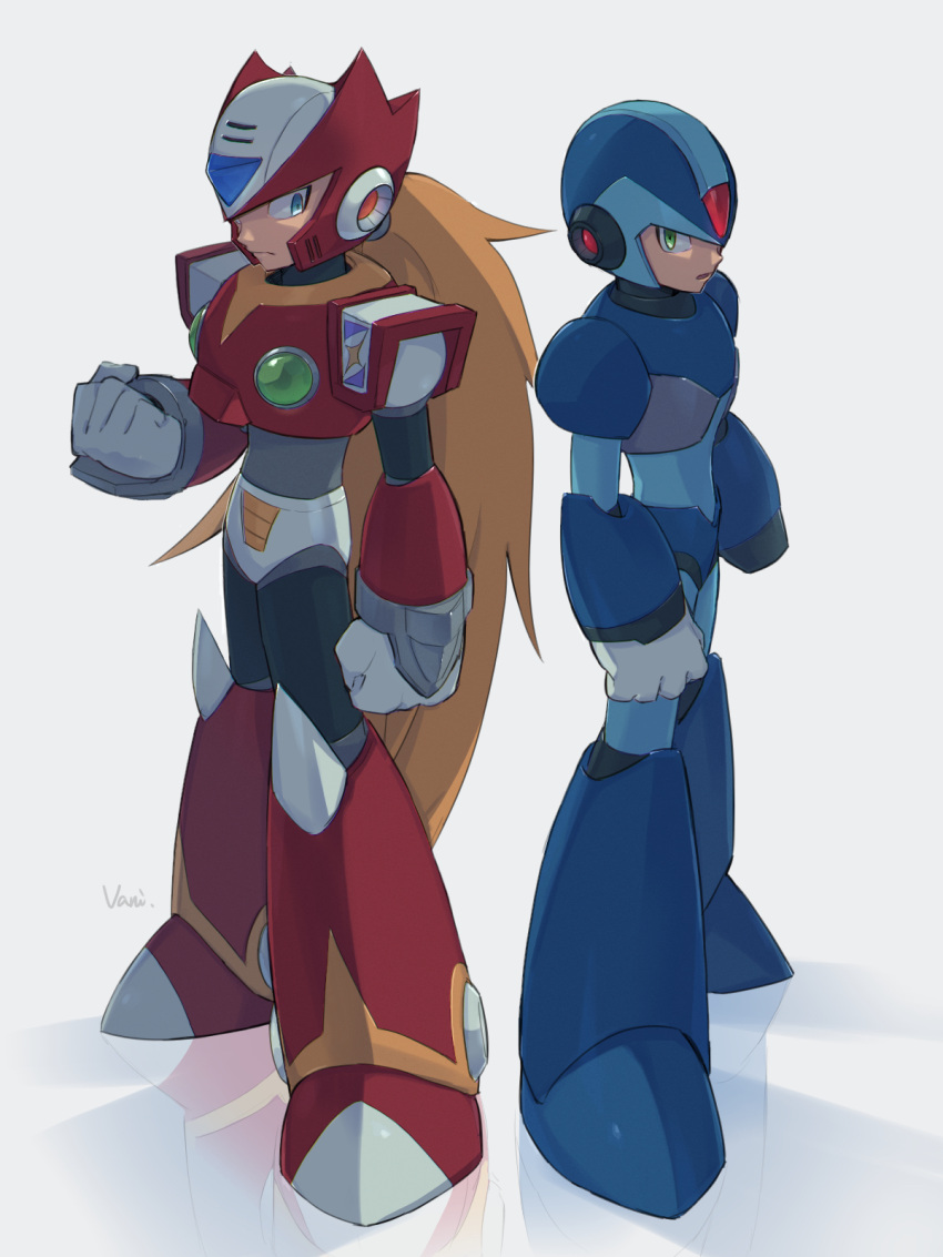 2boys android arm_cannon armor artist_name blonde_hair blue_eyes boots clenched_hand forehead_jewel green_eyes helmet highres long_hair mega_man_(series) mega_man_x_(series) multiple_boys reflection robot shoulder_armor simple_background vani_(hisha_04) weapon white_background x_(mega_man) zero_(mega_man)