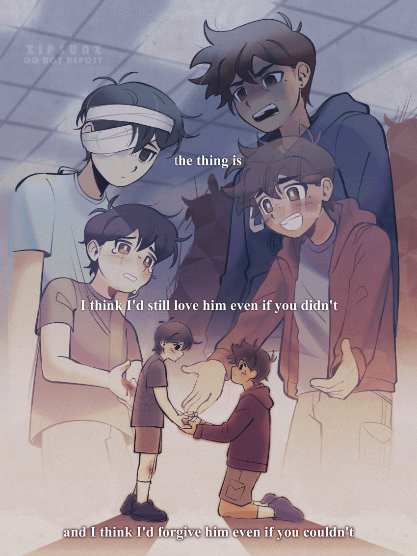 2boys absurdres artist_name bandage_over_one_eye black_eyes black_hair brown_eyes brown_hair closed_mouth crying crying_with_eyes_open dark-skinned_male dark_skin english_text hero_(faraway)_(omori) hero_(omori) highres hood hoodie kneeling multiple_boys omori open_mouth short_hair socks spoilers sunny_(omori) tears teeth watermark white_socks zipsunz