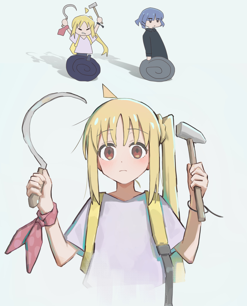 2girls absurdres ahoge backpack bag blonde_hair blue_background blue_hair bocchi_the_rock! chasing cropped_torso detached_ahoge fleeing hair_ornament hairclip hammer hammer_and_sickle highres holding holding_hammer holding_sickle ijichi_nijika kenharu long_hair mole mole_under_eye multiple_girls necktie necktie_around_wrists red_eyes red_necktie running shadow short_hair short_necktie side_ponytail simple_background unworn_necktie yamada_ryo yellow_bag