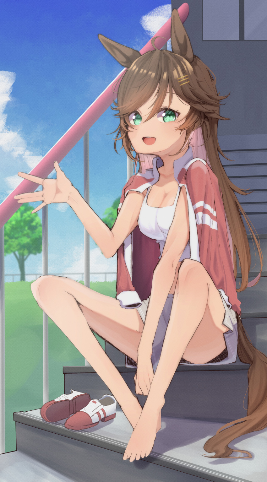 1girl absurdres ahoge animal_ears aqua_eyes bare_legs barefoot blue_sky blush breasts brown_hair cleavage cloud cloudy_sky commentary_request gorioshi0802 grass hair_ornament hairclip highres horse_ears horse_girl horse_tail jacket jacket_on_shoulders knees_up legs long_hair long_sleeves looking_at_viewer medium_breasts mr._c.b._(umamusume) open_clothes open_jacket open_mouth outdoors shirt shoes short_sleeves shorts sitting sitting_on_stairs sky smile solo stairs tail toes track_jacket tree umamusume unworn_shoes very_long_hair white_shirt