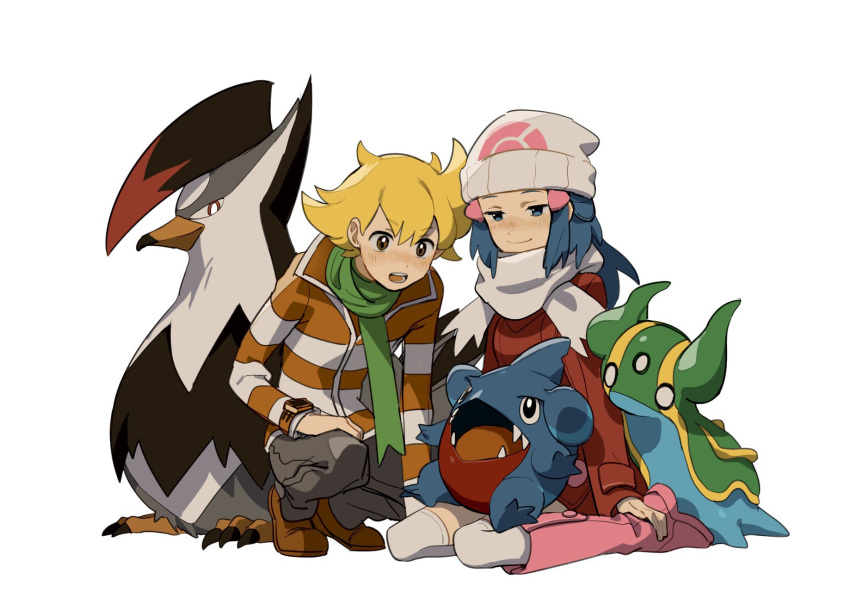 1boy 1girl barry_(pokemon) beak beanie bird blonde_hair blue_eyes blue_skin boots bright_pupils brown_eyes brown_footwear closed_mouth coat colored_skin commentary_request dawn_(pokemon) facial_mark forehead_mark gastrodon gastrodon_(east) gible green_scarf green_skin grey_pants hat highres horns jacket knee_boots multicolored_clothes multicolored_jacket multicolored_skin orange_jacket pants pink_footwear pokemon pokemon_(creature) pokemon_dppt pokemon_platinum print_headwear red_coat red_eyes red_skin scarf sharp_teeth shoes simple_background sitting slug smile staraptor striped_clothes striped_jacket talons teeth two-tone_jacket two-tone_skin two_pokemon white_background white_headwear white_jacket white_pupils white_scarf