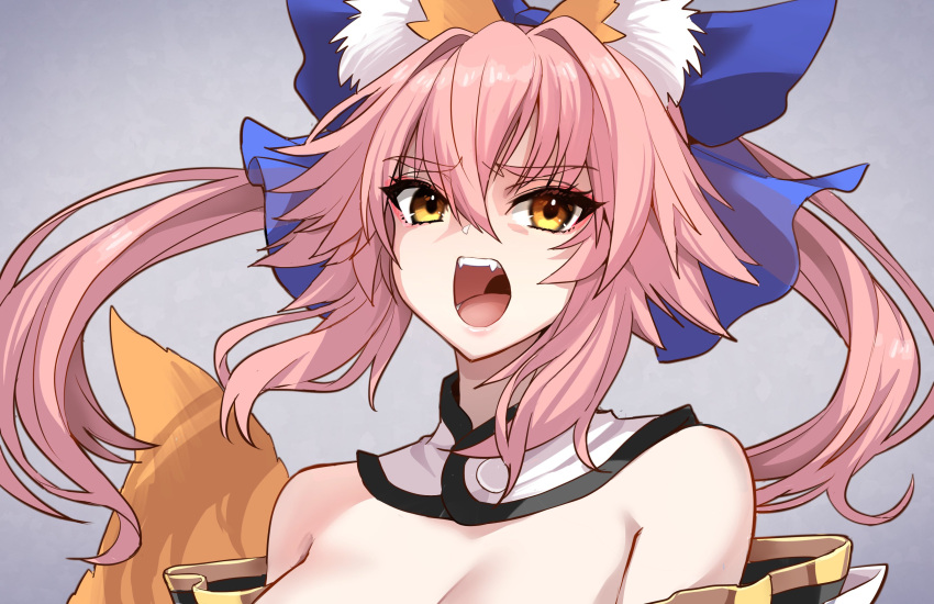 1girl absurdres animal_ear_fluff animal_ears bare_shoulders blue_bow bow breasts closed_mouth detached_collar detached_sleeves fang fate/extra fate_(series) fox_ears fox_girl fox_tail highres large_breasts open_mouth pink_hair solo split_ponytail tail tamamo_(fate) tamamo_no_mae_(fate/extra) wisespeak yellow_eyes