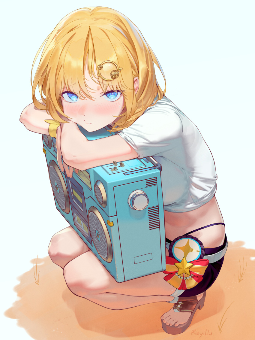 1girl absurdres artist_name bikini blonde_hair blue_eyes blue_shorts blush bob_cut boombox bow brown_footwear crossed_arms english_commentary from_side full_body hair_ornament highleg highleg_bikini highres holding_boombox hololive hololive_english hololive_summer_2023_swimsuit leaning_forward legs_together looking_at_viewer nose_blush official_alternate_costume rayillu shirt shorts simple_background solo squatting swimsuit t-shirt tied_shirt toeless_footwear virtual_youtuber waist_bow watson_amelia white_background white_shirt wristband yellow_wristband