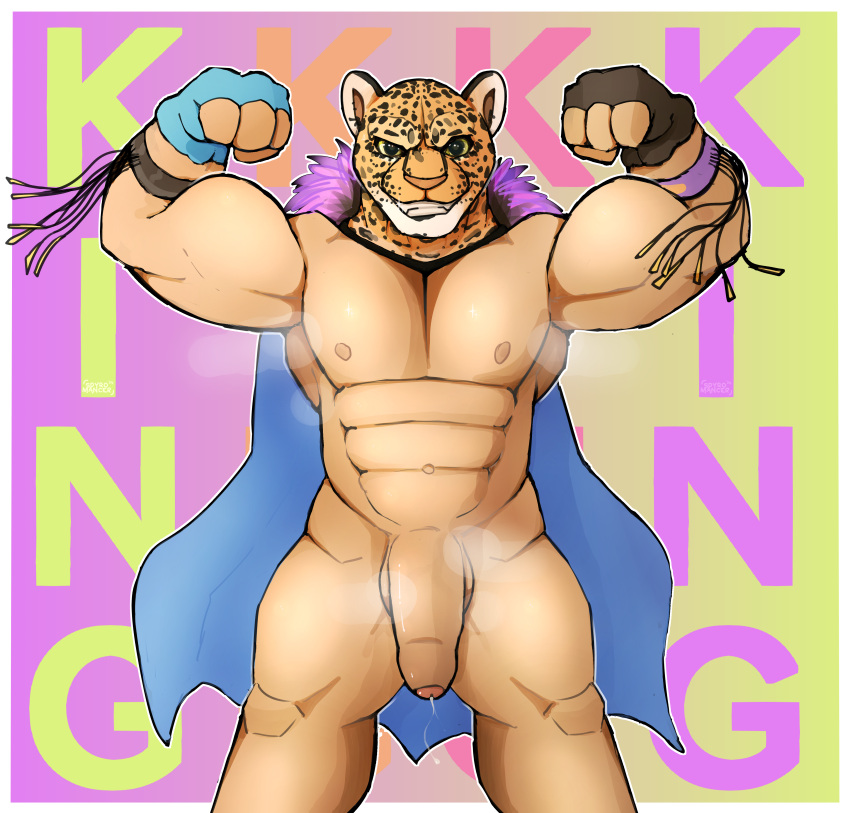 abs absurd_res anthro balls bared_teeth big_balls big_penis bodily_fluids breasts brown_body brown_fur cape clenched_teeth clothing confident confident_male cuffs_(clothing) cum eyebrows fangs feathered_cape feathers felid flaccid flexing flexing_bicep flexing_biceps flexing_both_biceps flexing_muscles foreskin fur genital_fluids genitals glistening glistening_body glistening_breasts glistening_eyes glistening_genitalia glistening_penis glistening_skin gloves gradient gradient_background green_eyes handwear hi_res huge_balls humanoid hybrid jaguar king_(tekken) leaking leaking_cum leaking_penis leaking_precum male mammal markings muscular muscular_anthro muscular_humanoid muscular_male muscular_thighs navel nipples orange_body orange_fur orange_nose pantherine pecs penis precum purple_body purple_feathers raised_arm raised_eyebrow simple_background smile smiling_at_viewer solo spots spotted_body spotted_fur spotted_markings spyromancer standing tan_body tan_skin teeth teeth_showing tekken text white_body white_skin