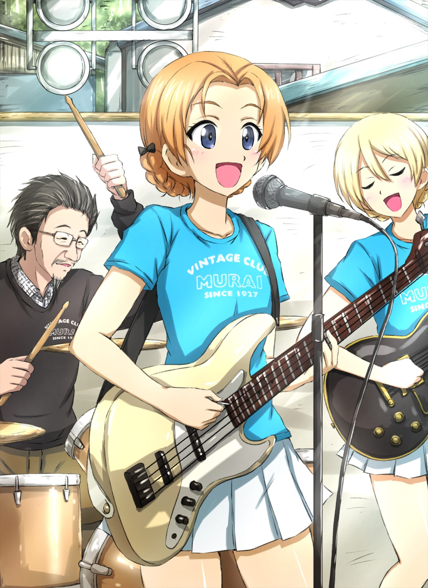 1boy 2girls :d band bass_guitar beard black_bow black_hair blonde_hair blue_eyes blue_shirt bow braid building casual closed_eyes commentary darjeeling_(girls_und_panzer) day drum drum_set drumsticks electric_guitar english_text facial_hair fender_jazz_bass gibson_les_paul girls_und_panzer glasses guitar hair_bow head_tilt highres holding holding_drumsticks holding_instrument holding_plectrum instrument looking_to_the_side microphone_stand miniskirt multiple_girls music omachi_(slabco) open_mouth orange_hair orange_pekoe_(girls_und_panzer) outdoors parted_bangs playing_bass playing_instrument pleated_skirt plectrum print_shirt rectangular_eyewear shirt short_hair short_sleeves singing sitting skirt smile spotlight standing t-shirt twin_braids white_shirt