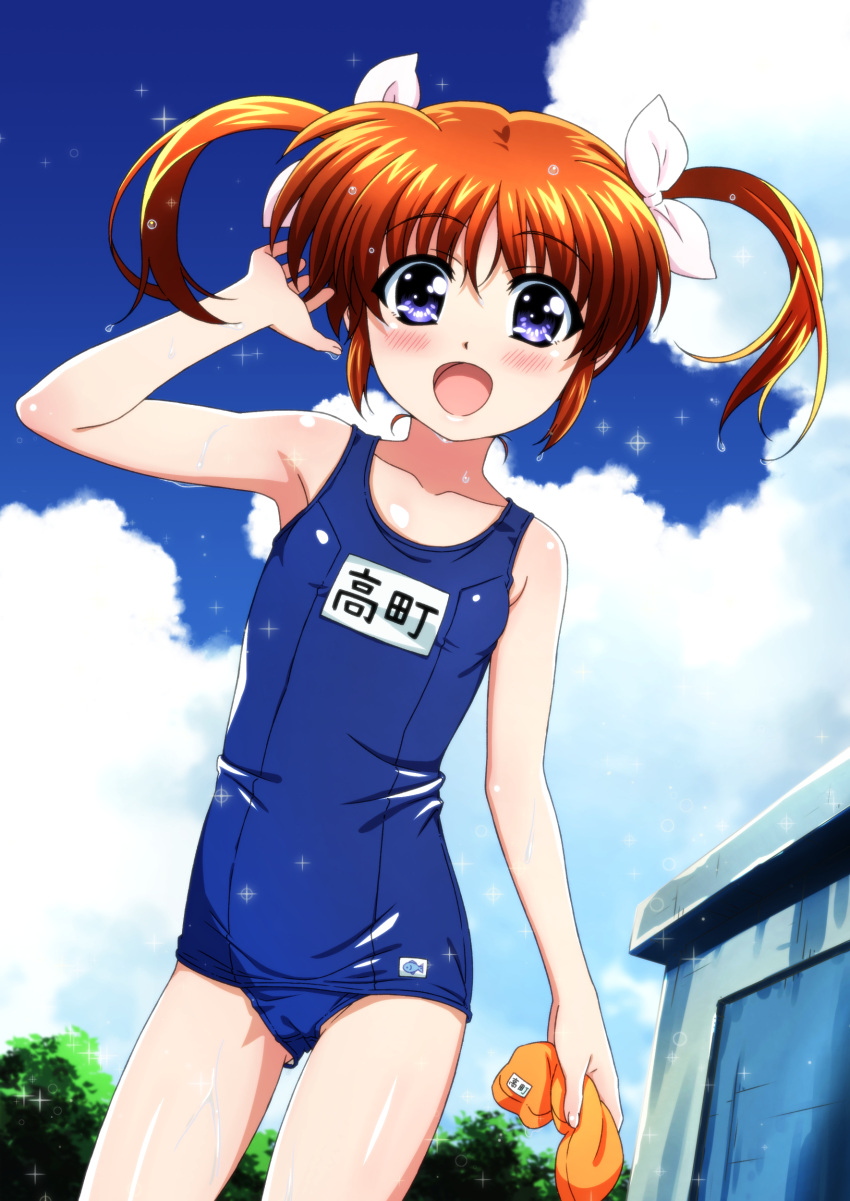 1girl absurdres blue_one-piece_swimsuit blue_sky brown_hair cloud commentary_request day flat_chest highres holding_headgear long_hair lyrical_nanoha mahou_shoujo_lyrical_nanoha miyajima_hitoshi name_tag old_school_swimsuit one-piece_swimsuit orange_headwear outdoors purple_eyes school_swimsuit sky solo sparkle swimsuit takamachi_nanoha twintails unworn_swim_cap