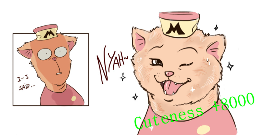 2015 anthro brown_fur burgerpants cat clothed clothing comic cute digital_media_(artwork) english_text feline feral feralized fur male mammal one_eye_closed open_mouth pink_nose rabiscosetal scared shirt simple_background solo sparkles text undertale video_games white_background wide_eyed wink