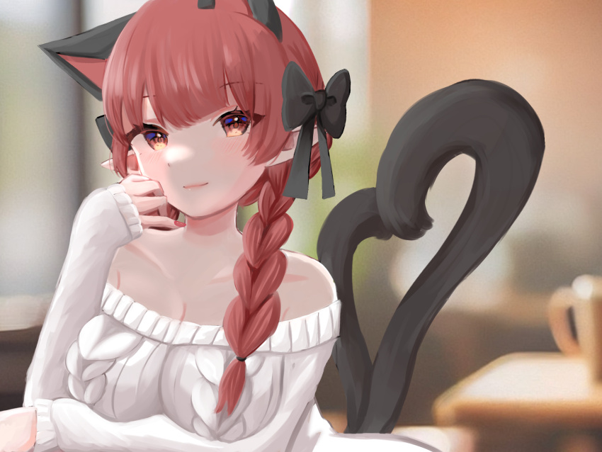 1girl aoringo_orin bare_shoulders blunt_bangs blurry blurry_background braid breasts cat_tail cleavage closed_mouth collarbone commentary_request extra_ears hand_up heart heart_tail highres kaenbyou_rin large_breasts light_smile long_hair nail_polish nekomata off-shoulder_sweater off_shoulder pointy_ears red_hair red_nails revision sleeves_past_wrists solo sweater tail touhou twin_braids