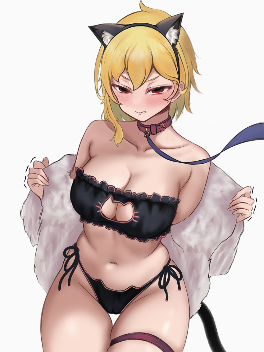 1girl absurdres alternate_costume animal_ears bare_shoulders blonde_hair blush breasts cat_cutout cat_ears cat_lingerie cat_tail cleavage_cutout clenched_teeth clothing_cutout collar collarbone elds fake_animal_ears hairband highres hololive hololive_indonesia kaela_kovalskia large_breasts leash looking_at_viewer meme_attire midriff navel panties red_eyes short_hair simple_background skindentation solo string_panties tail teeth thigh_gap thigh_strap underwear undressing virtual_youtuber white_background